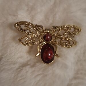 Monet Designer Gold and Red Bee Brooch